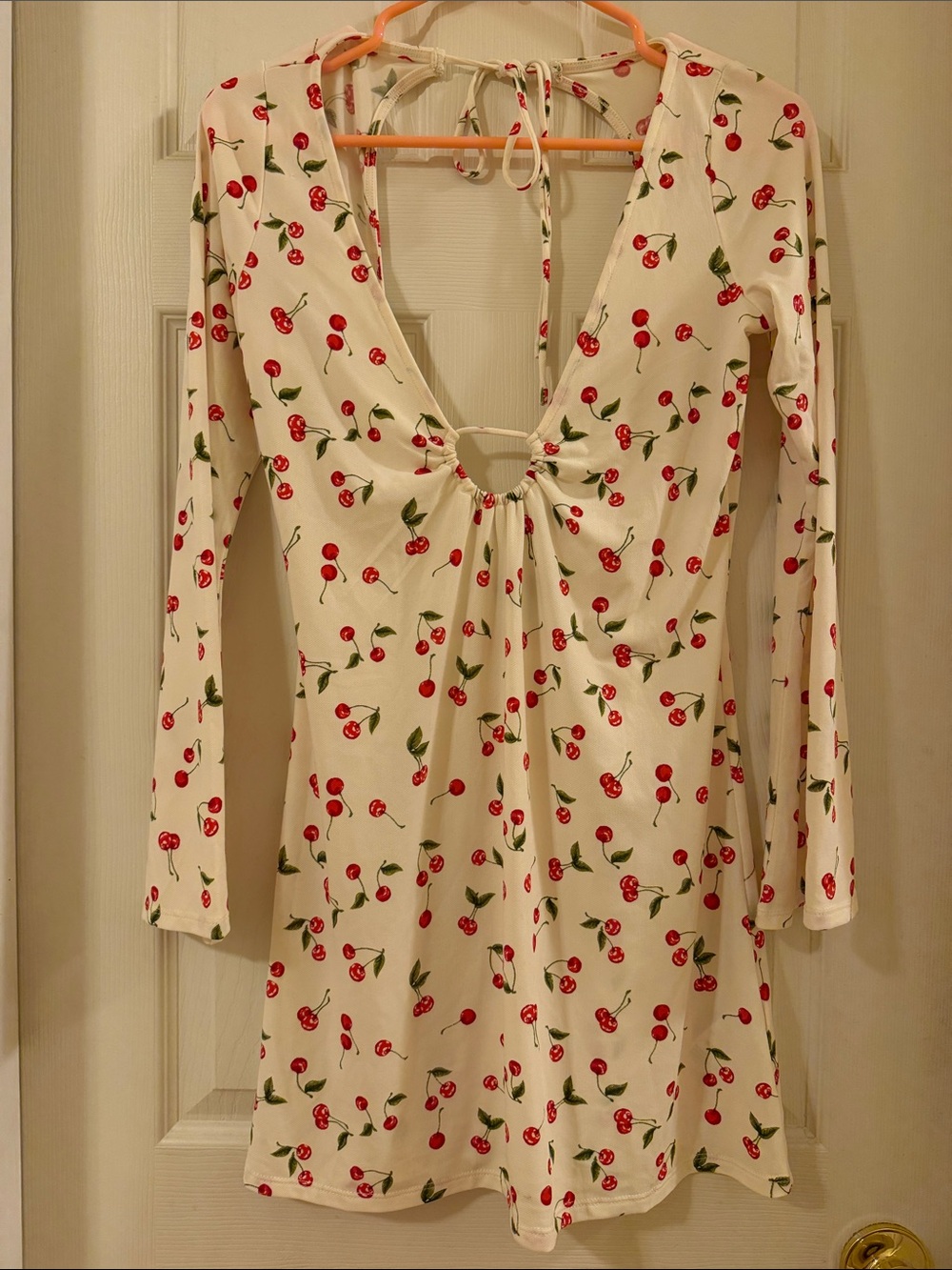 Cream Cherry-Print Long Sleeve V-Neck Dress